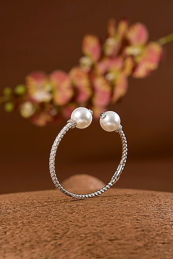 White Gold Finish Eurostar & Pearl Bracelet In Sterling Silver