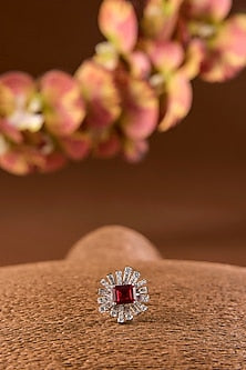 White Gold Finish Eurostar & Ruby Ring In Sterling Silver