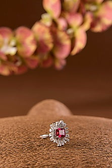 White Gold Finish Eurostar & Ruby Ring In Sterling Silver