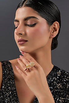 Yellow Gold Finish Moissanite Polki & Ruby Ring In Sterling Silver