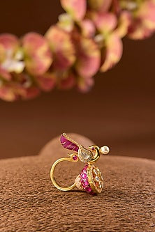 Yellow Gold Finish Moissanite Polki & Ruby Ring In Sterling Silver