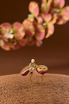 Yellow Gold Finish Moissanite Polki & Ruby Ring In Sterling Silver