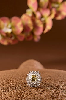 White Gold Finish Eurostar & Yellow Stone Ring In Sterling Silver