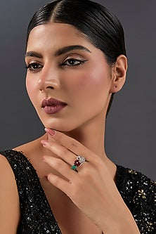 White Gold Finish Eurostar & Ruby Ring In Sterling Silver