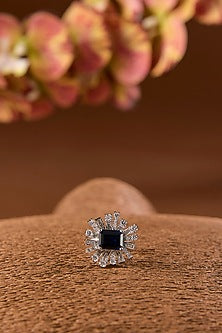 White Gold Finish Eurostar & Blue Sapphire Ring In Sterling Silver