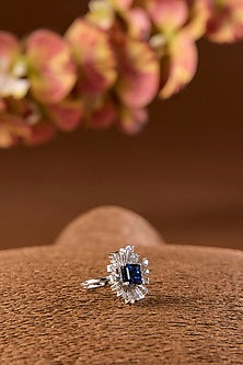 White Gold Finish Eurostar & Blue Sapphire Ring In Sterling Silver