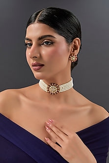 Yellow Gold Finish Moissanite Polki & Ruby Choker Necklace Set In Sterling Silver