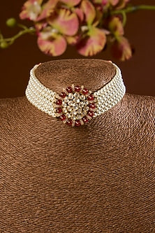 Yellow Gold Finish Moissanite Polki & Ruby Choker Necklace Set In Sterling Silver