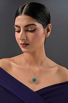 White Gold Finish Eurostar & Emerald Pendant Cum Brooch In Sterling Silver