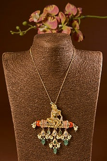 Yellow Gold Finish Moissanite Polki & Emerald Pendant Cum Brooch In Sterling Silver