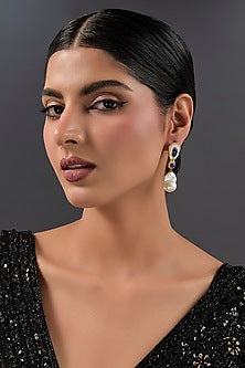Gold Finish Emerald Stone & Pearl Enameled Dangler Earrings In Sterling Silver