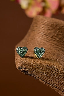 Black Rhodium Finish Zircon & Emerald Stone Stud Earrings In Sterling Silver