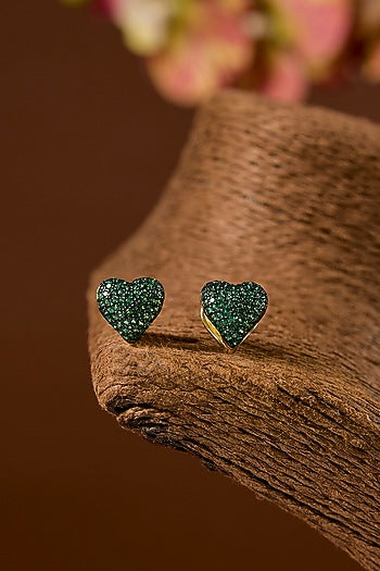 Black Rhodium Finish Zircon & Emerald Stone Stud Earrings In Sterling Silver