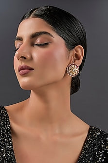 Gold Finish Ruby Stone & Kundan Polki Stud Earrings In Sterling Silver
