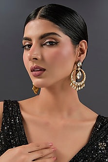 Gold Finish Kundan Polki Chandbali Earrings In Sterling Silver