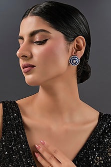 White Finish Blue Sapphire Stone & Zircon Stud Earrings In Sterling Silver