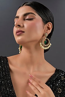 Black Rhodium Finish Kundan Polki & Pearl Chandbali Earrings In Sterling Silver