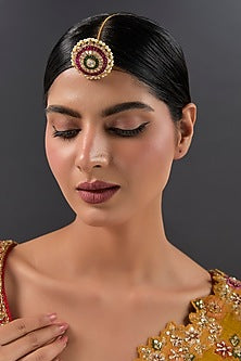 Gold Finish Kundan Polki & Emerald Stone Maangtikka In Sterling Silver
