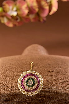 Gold Finish Kundan Polki & Emerald Stone Maangtikka In Sterling Silver