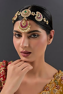 Gold Finish Kundan Polki & Ruby Stone Mathapatti In Sterling Silver