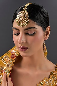 Gold Finish Kundan Polki & Emerald Stone Maangtikka In Sterling Silver
