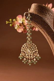 Gold Finish Kundan Polki & Emerald Stone Maangtikka In Sterling Silver