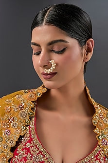 Gold Finish Kundan Polki & Freshwater Pearl Nose Ring In Sterling Silver