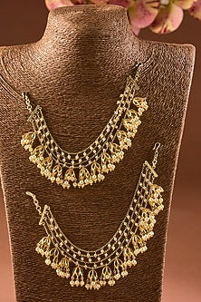 Yellow Gold Finish Moissanite Polki Pearl Ear Chains In Sterling Silver