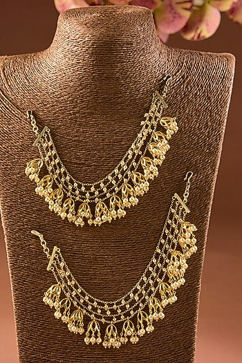 Yellow Gold Finish Moissanite Polki Pearl Ear Chains In Sterling Silver