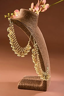 Yellow Gold Finish Moissanite Polki Pearl Ear Chains In Sterling Silver