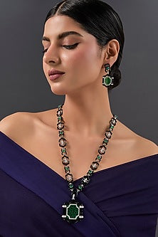 White Finish Emerald Stone Enameled Long Necklace Set In Sterling Silver