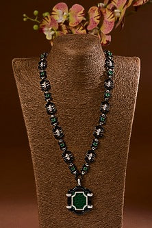 White Finish Emerald Stone Enameled Long Necklace Set In Sterling Silver