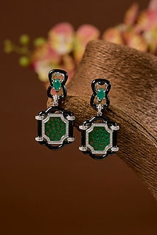 White Finish Emerald Stone Enameled Long Necklace Set In Sterling Silver