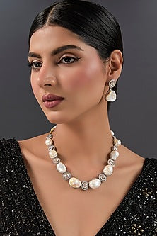 White Finish Freshwater Pearl Necklace Set In Sterling Silver