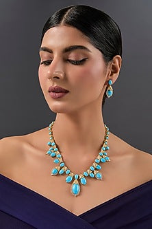Gold Finish Turquoise Stone Necklace Set In Sterling Silver