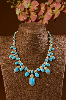 Gold Finish Turquoise Stone Necklace Set In Sterling Silver