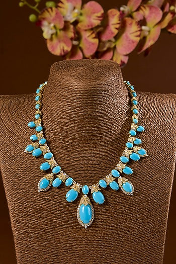 Gold Finish Turquoise Stone Necklace Set In Sterling Silver