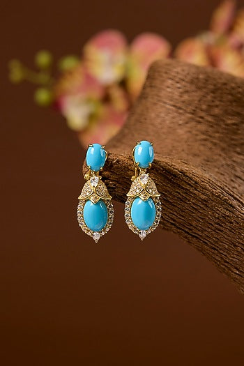 Gold Finish Turquoise Stone Necklace Set In Sterling Silver