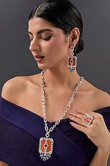 White Finish Ruby & Orange Coral Stone Enameled Long Necklace Set In Sterling Silver