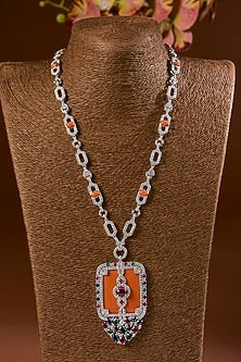 White Finish Ruby & Orange Coral Stone Enameled Long Necklace Set In Sterling Silver