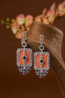 White Finish Ruby & Orange Coral Stone Enameled Long Necklace Set In Sterling Silver