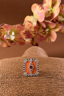 White Finish Ruby & Orange Coral Stone Enameled Long Necklace Set In Sterling Silver