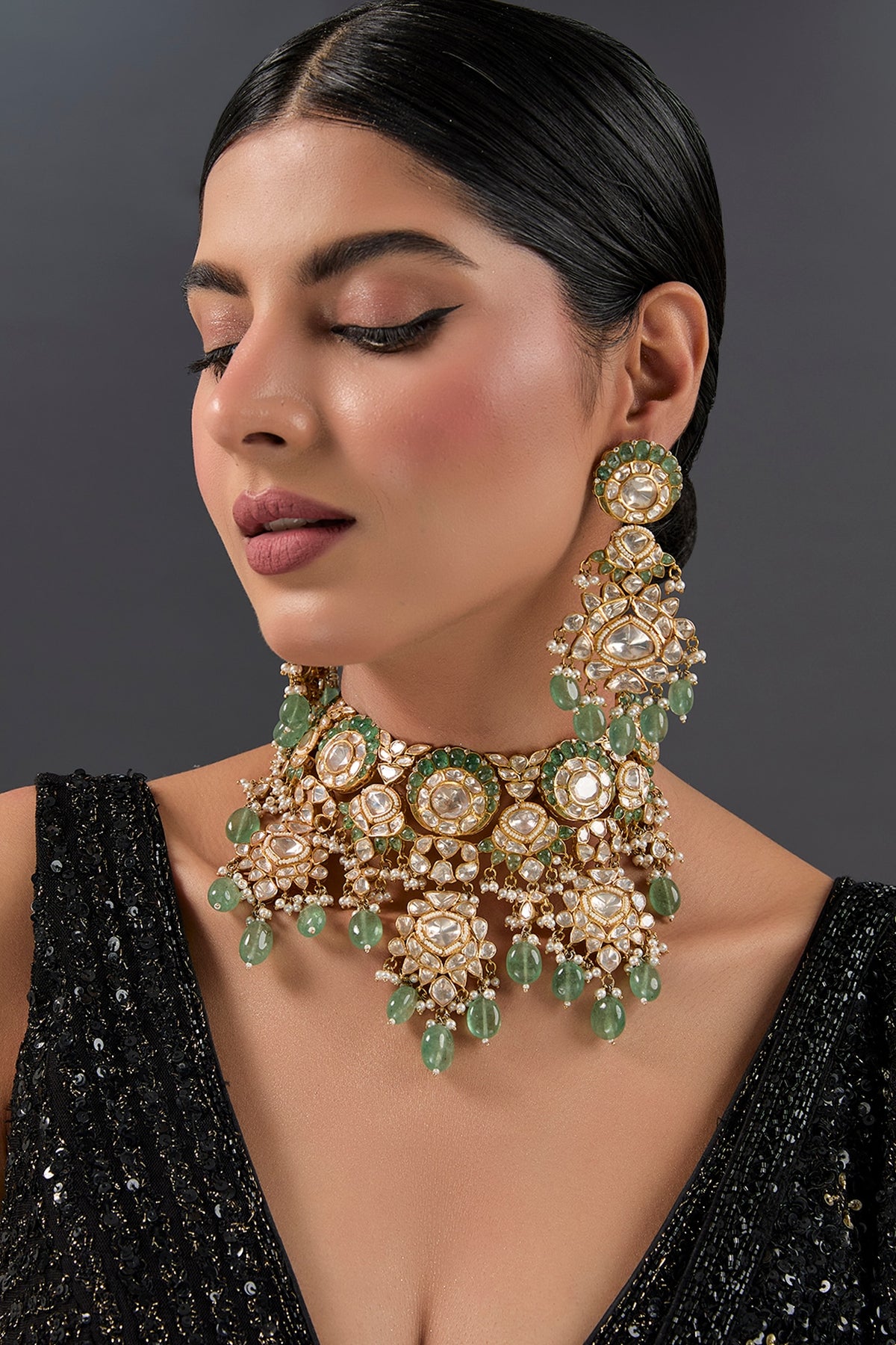 Gold Finish Kundan Polki & Emerald Stone Choker Necklace Set In Sterling Silver