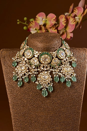 Gold Finish Kundan Polki & Emerald Stone Choker Necklace Set In Sterling Silver