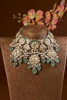 Gold Finish Kundan Polki & Emerald Stone Choker Necklace Set In Sterling Silver