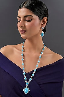 White Finish Turquoise Stone Long Necklace Set In Sterling Silver