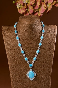White Finish Turquoise Stone Long Necklace Set In Sterling Silver