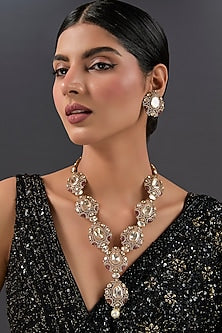 Black Rhodium Finish Kundan Polki & Ruby Stone Long Necklace Set In Sterling Silver