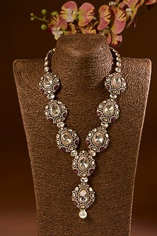 Black Rhodium Finish Kundan Polki & Ruby Stone Long Necklace Set In Sterling Silver