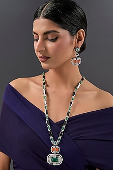White Finish Emerald Stone Enameled Long Necklace Set In Sterling Silver